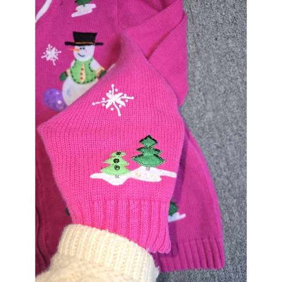Tiara International Christmas Collection VTG Pink Snowman Sweater Cardigan - Picture 6 of 10